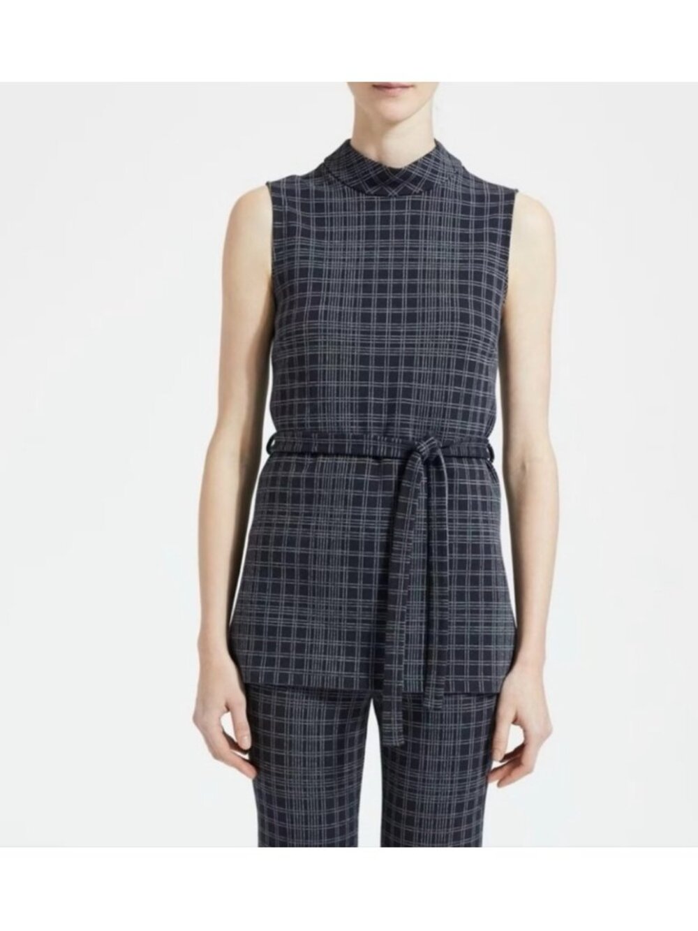 Theory mock neck tunic in black and white plaid